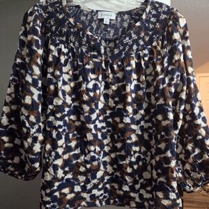 Evereve Navy and Brown Patterned Blouse